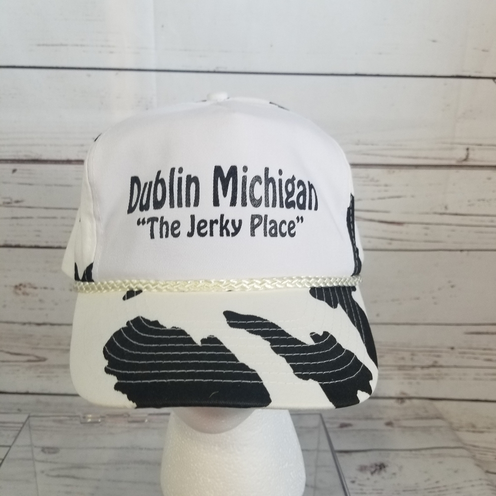 Dublin Michigan "The Jerky Place" Snapback Advertising Trucker Hat cap Black and